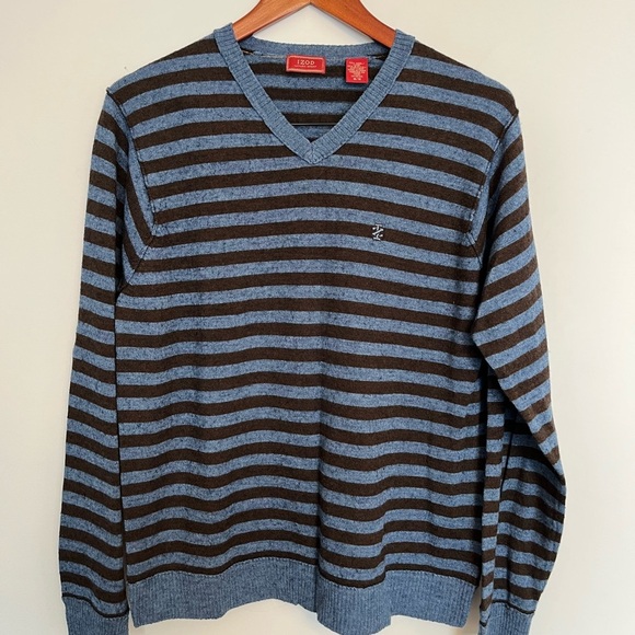 IZOD Striped V-Neck Sweater Blue and Brown size medium - Picture 2 of 4